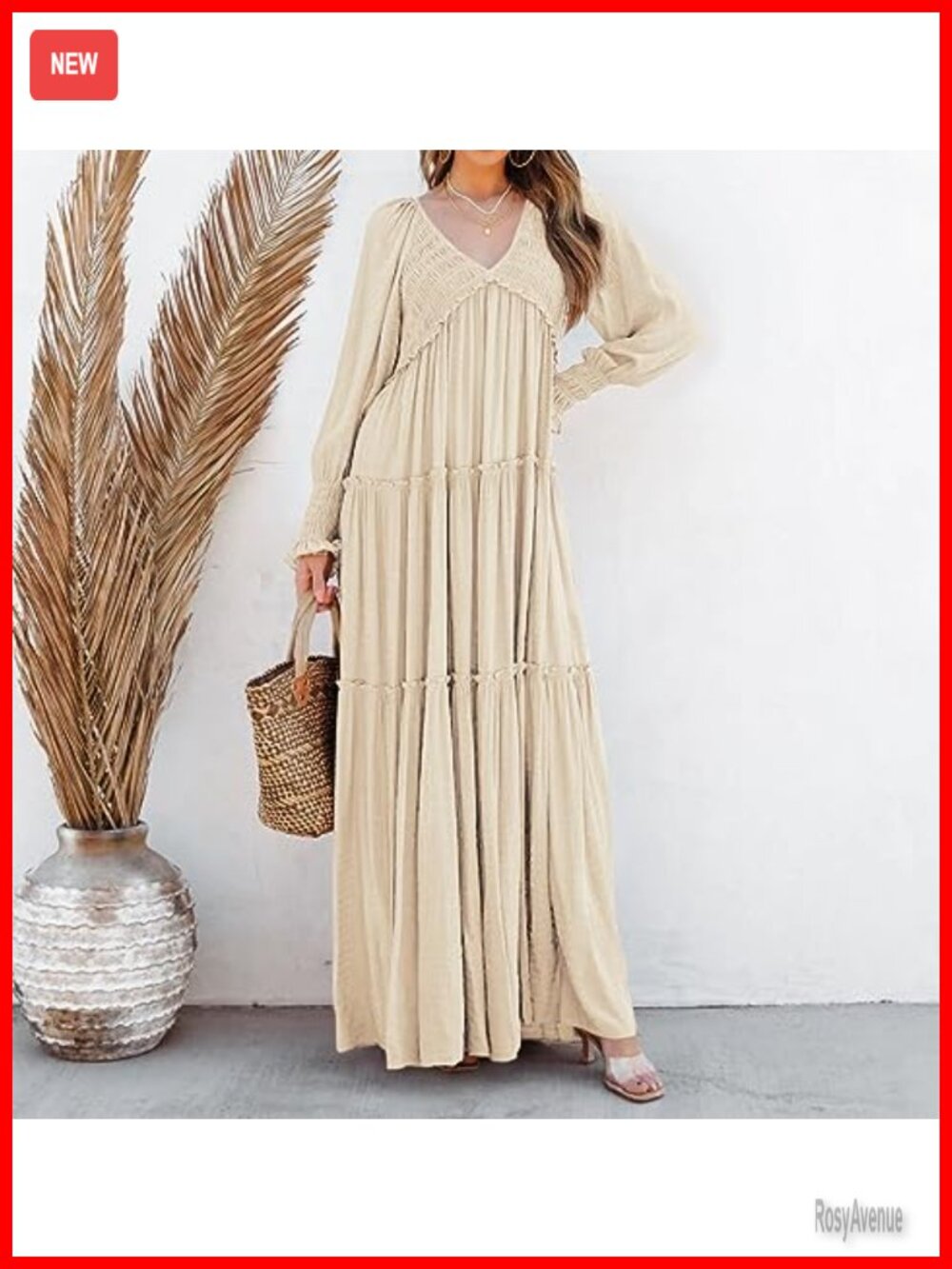 Long Sleeve V Neck Empire Waist Layered Ruffle Flowy Boho Maxi Dress - Picture 4 of 7